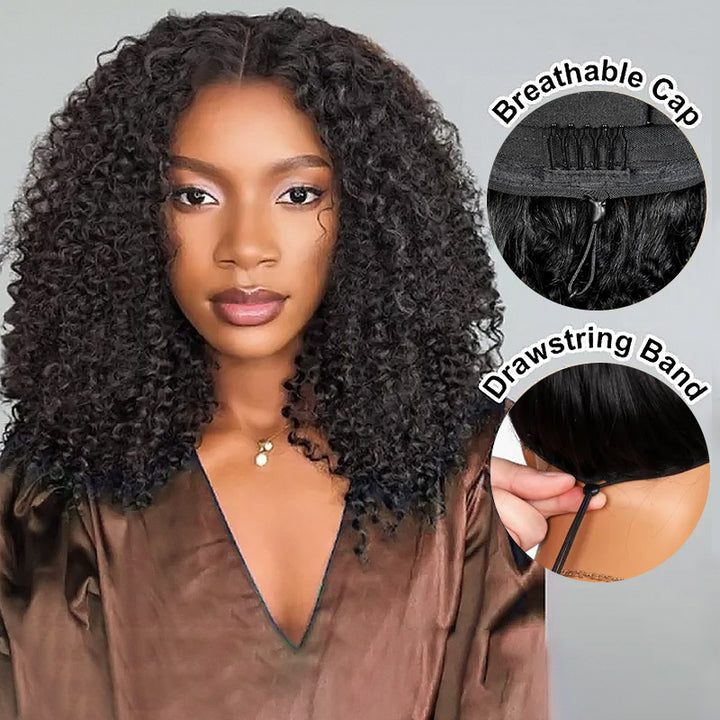 【3 IN 1 HALF WIG】Afro Curly Drawstring With Elastic Band Wig Real Hairline Flip Over Wig Friendly To Beginners Natural Hairline - AlloveHair