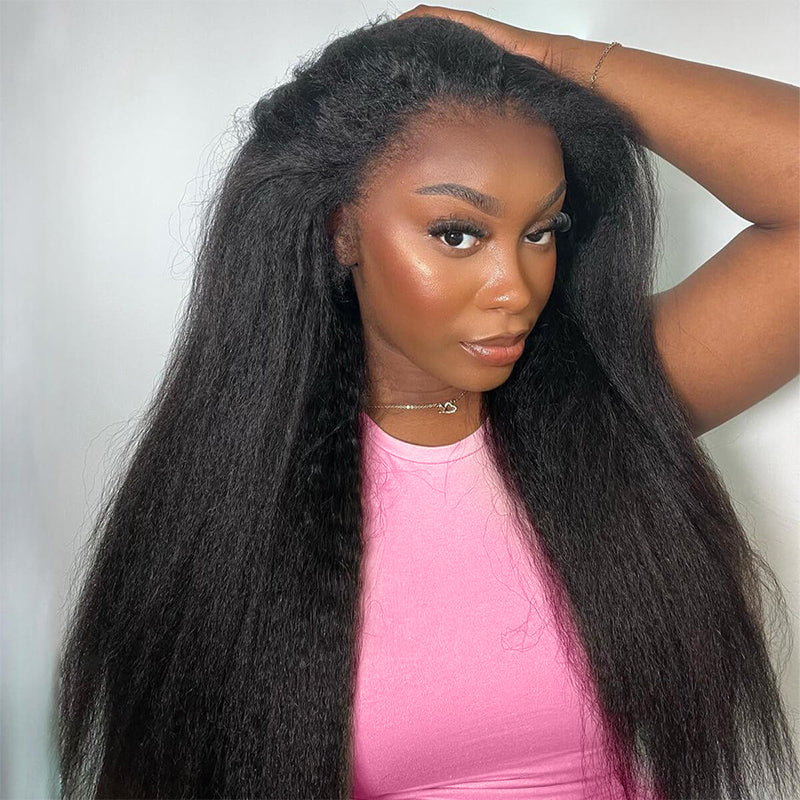 【3 IN 1 HALF WIG】Allove Kinky Straight For Black Women Clip In Protective Styles Human Hair Wig with Drawstring Band Glueless Wig Invisible Hairline - AlloveHair