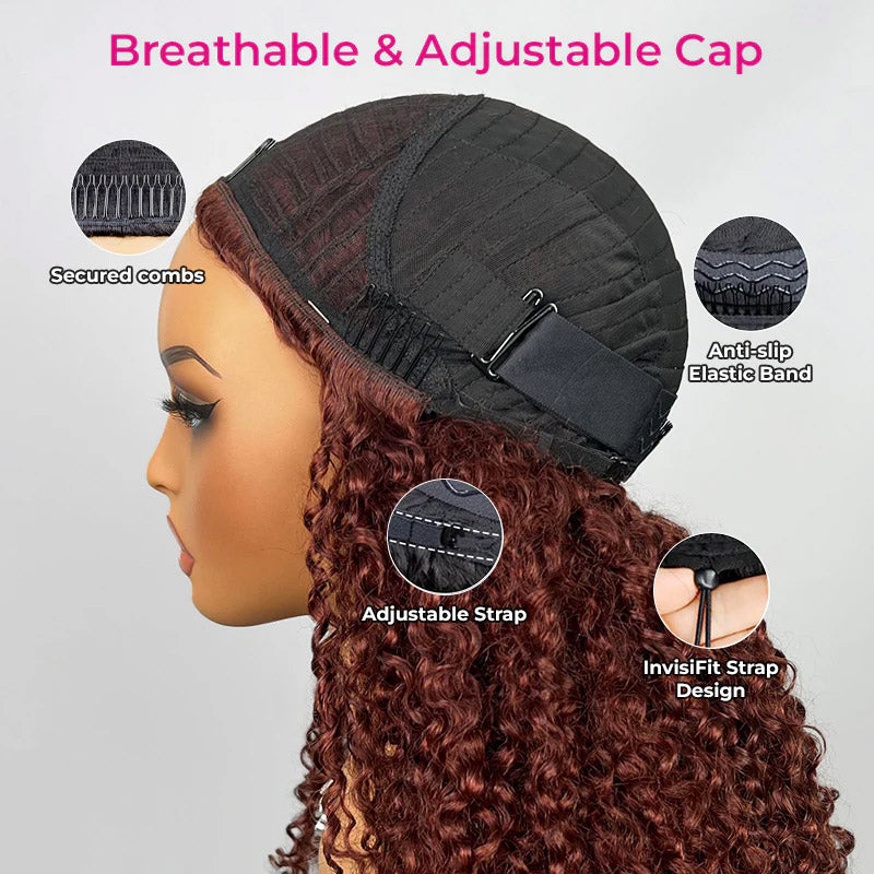 Experience effortless style with the Allove 3-in-1 Half Wig in Reddish Brown. This pre-styled kinky curly wig features an invisible hairline and InvisiFit strap for a natural, secure fit.
