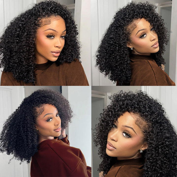 【3 IN 1 HALF WIG】Afro Curly Drawstring With Elastic Band Wig Real Hairline Flip Over Wig Friendly To Beginners Natural Hairline - AlloveHair