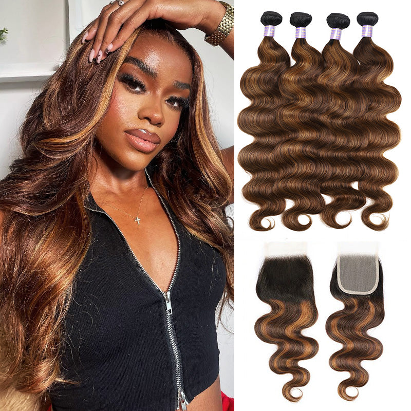 Allove Hair Highlight #FB30 Body Wave Hair 4 Bundles With 4x4 Transparent Lace Closure - AlloveHair