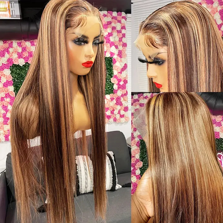 Allove Highlight Honey Blonde Glueless Wigs Straight Human Hair Wigs 13x4 Lace Front Wigs - AlloveHair