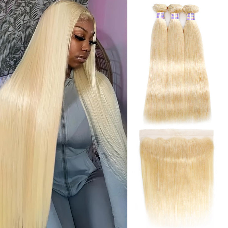 613 Blonde Straight Human Hair 3 Bundles with HD Transparent 13*4 Lace Frontal - AlloveHair