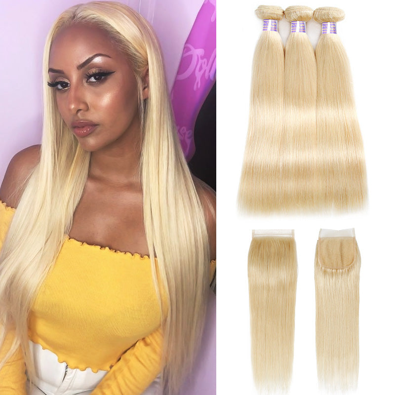 Allove 613 Blonde Color Straight Hair 3 Bundles with 4*4 Lace Closure - AlloveHair