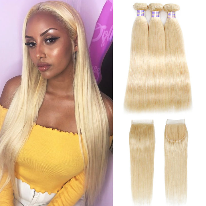 Allove 613 Blonde Color Straight Hair 3 Bundles with 4*4 Lace Closure - AlloveHair