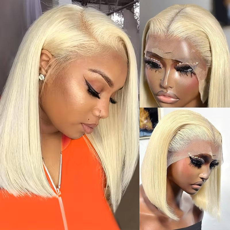 613 Short Bob Straight Human Hair Wigs 13x4/4x4 Blonde Wear To Go Lace Front Wigs - AlloveHair