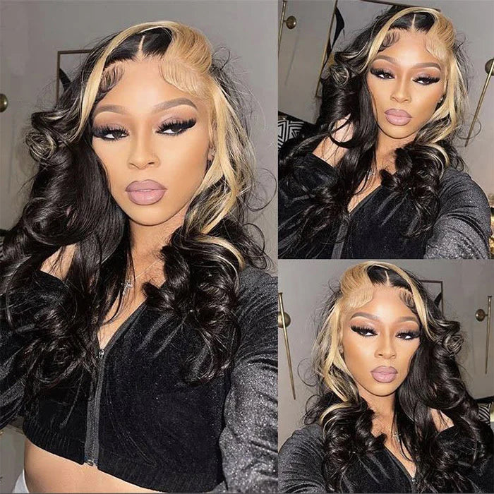 Allove Skunk Stripe Natural Black with 613 Blonde Body Wave 13x4 Transparent Glueless Lace Front Wig - AlloveHair