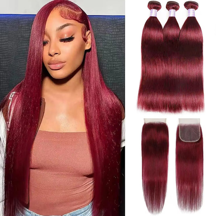 Allove Hair 99J Straight Hair 3 Bundles With Closure Burgundy Dark Wine Red - AlloveHair
