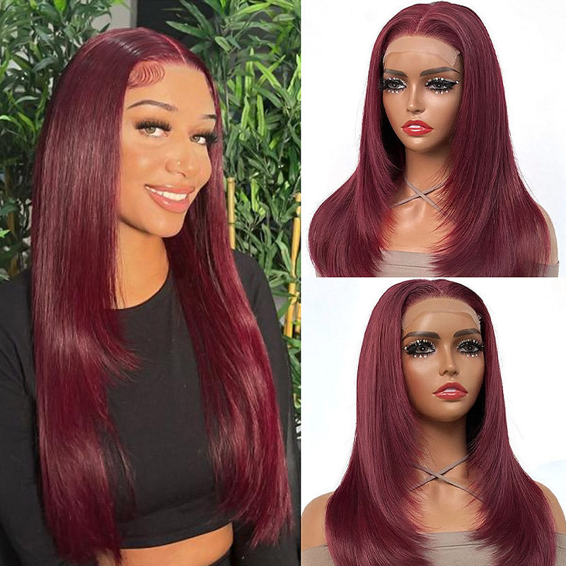 #99J Burgundy Color Layered Cut Straight Hair 13x4 HD Lace Front Wigs 180% Density - AlloveHair