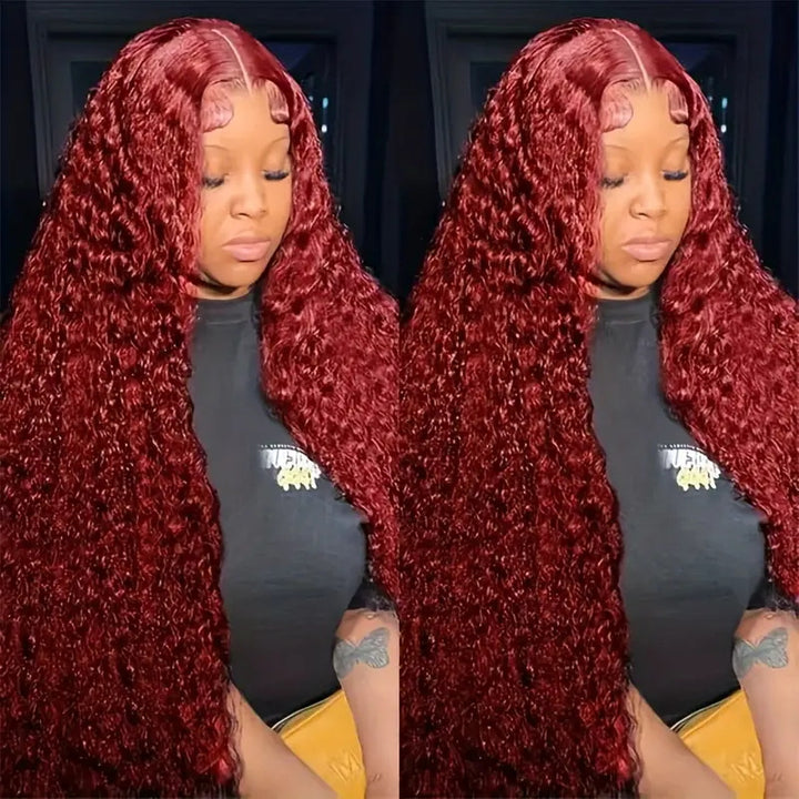 99J 13x6 Deep Wave Burgundy Lace Front Wigs Human Hair Transparent Lace Frontal Wigs 180% Density Pre Plucked Wigs