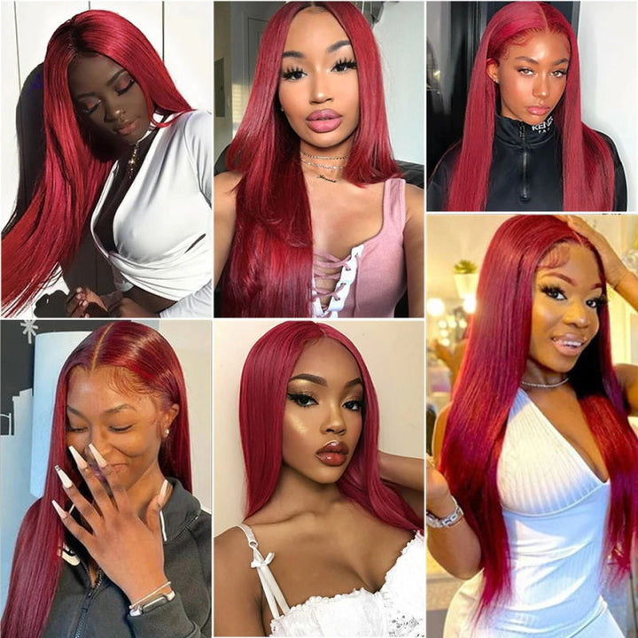 99J Color Hair Straight Lace Part Wigs Wine Red Human Hair Wigs for Women