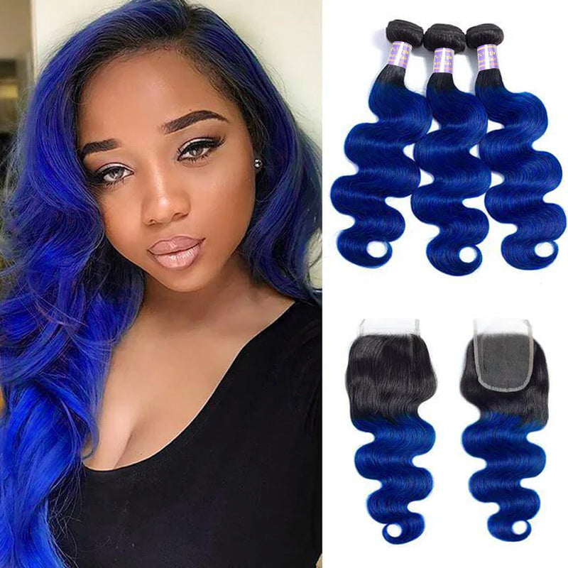 Allove 1B/Blue Colored Body Wave Human Hair 3 Bundles with 4x4 Lace Closure Ombre Human Hair Extension - AlloveHair