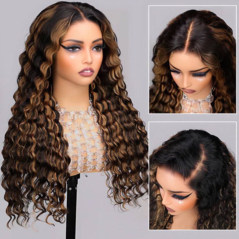 Allove Hair 1B/30 Balayage Highlight Ombre Brown Deep Wave Lace Frontal Human Hair Wigs - AlloveHair