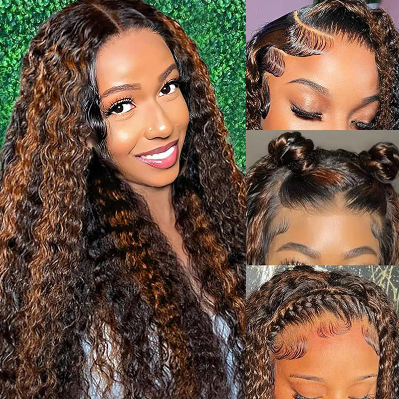 Allove Hair 1B/30 Balayage Highlight Ombre Brown Deep Wave Lace Frontal Human Hair Wigs - AlloveHair