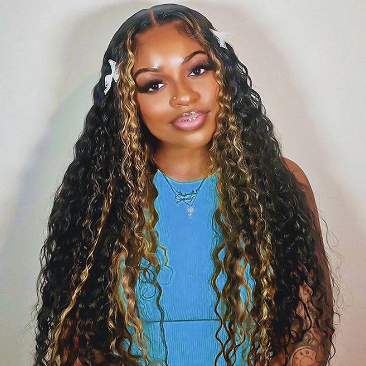 Allove Highlight Blonde Glueless 13x4 Transparent Lace Front Deep Wave Wig Human Hair Pre Plucked - AlloveHair