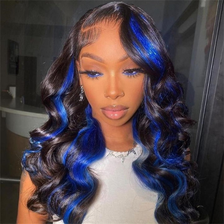Allove Highlight Blue Color Body Wave 13x4 Transparent Lace Front Color Wigs Glueless Human Hair Wigs For Women 180% Density - AlloveHair