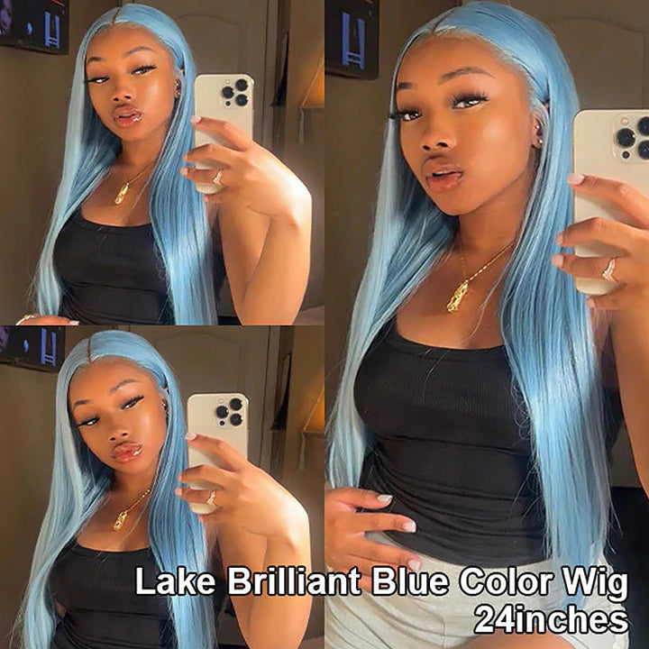 Allove Lake Brilliant Blue Color Straight Hair 13x4/13x6 Full Lace Front Human Hair Wigs 180% Density