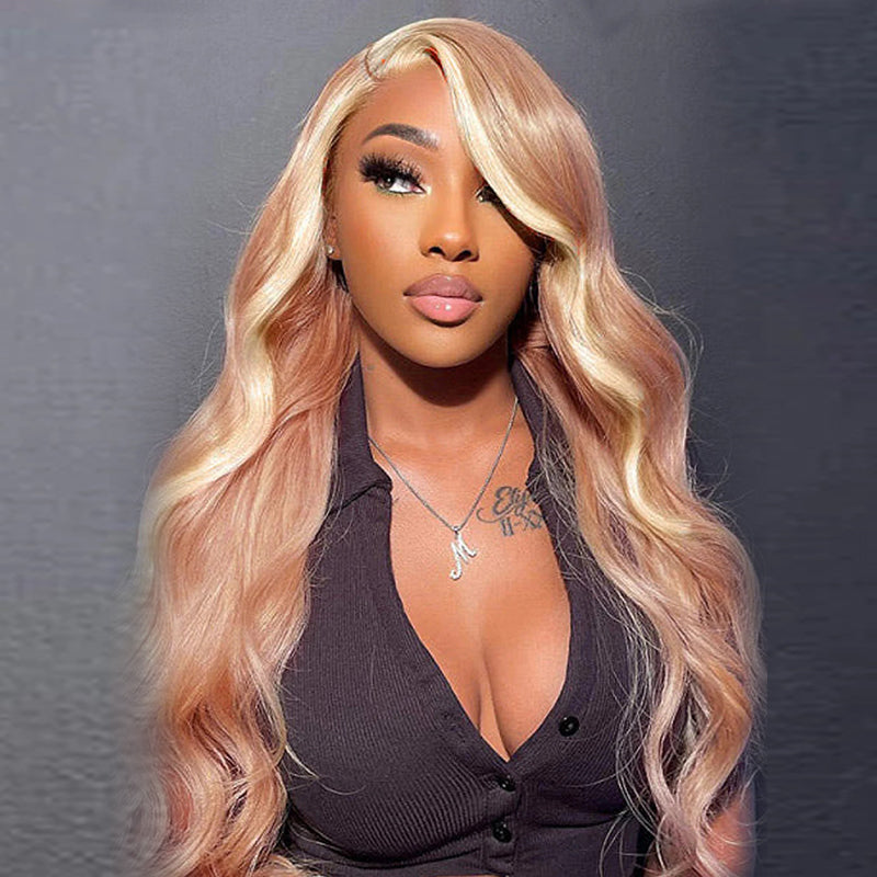 Allove Milk Tea Brown With Pink Blonde Highlight 13x4 HD Lace Front Body Wave Hair Wig 180% Density - AlloveHair