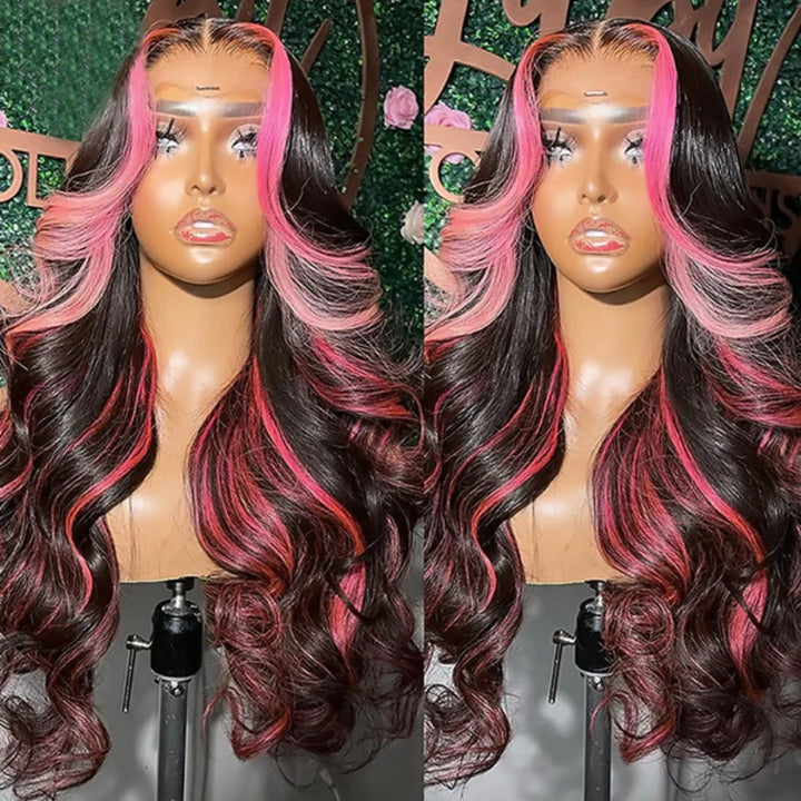 Allove Ombre Highlight 1B With Pink Colored Body Wave Wigs13X4 Full Lace Front Wig Human Hair Pre Plucked With Baby Hair - AlloveHair