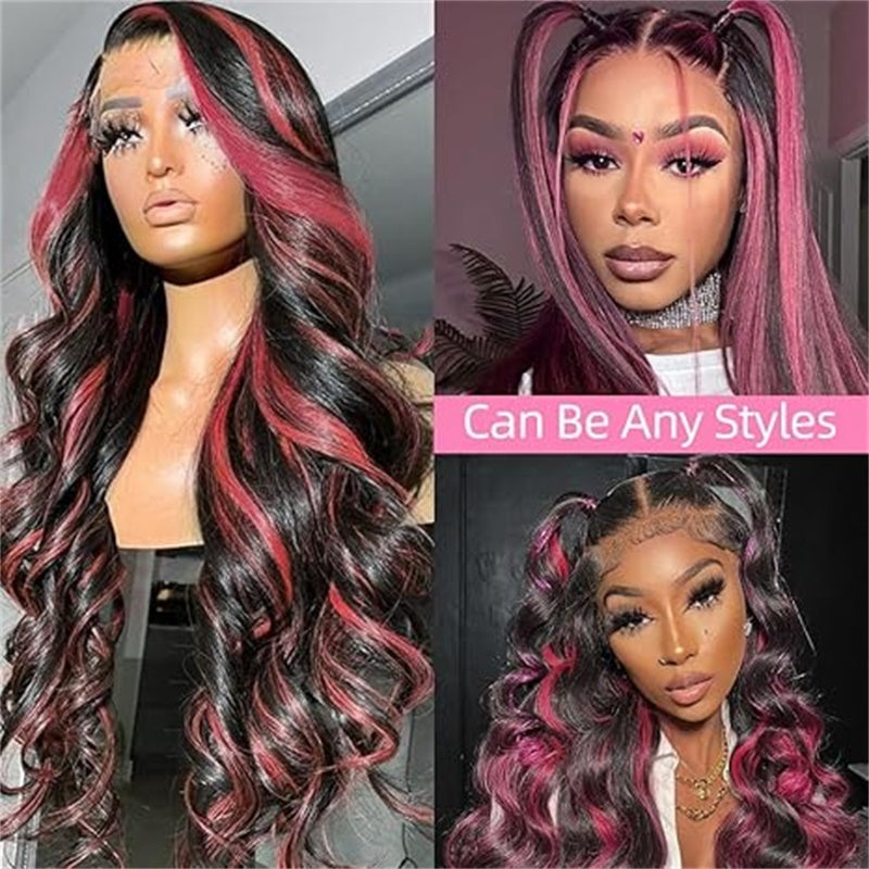 Allove Ombre Highlight 1B With Pink Colored Body Wave Wigs13X4 Full Lace Front Wig Human Hair Pre Plucked With Baby Hair - AlloveHair