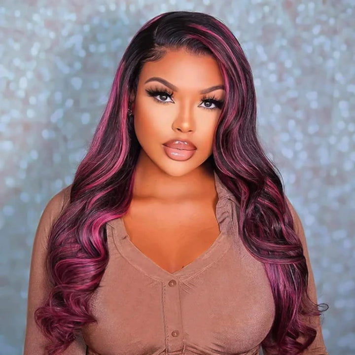 Allove Ombre Highlight 1B With Pink Colored Body Wave Wigs13X4 Full Lace Front Wig Human Hair Pre Plucked With Baby Hair - AlloveHair