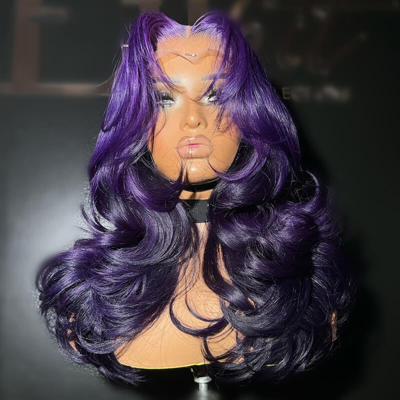 Allove Ombre Two Tones Purple Body Wave HD Lace Front Human Hair Wig with Pre-Plucked Ombre Violet Wig - AlloveHair