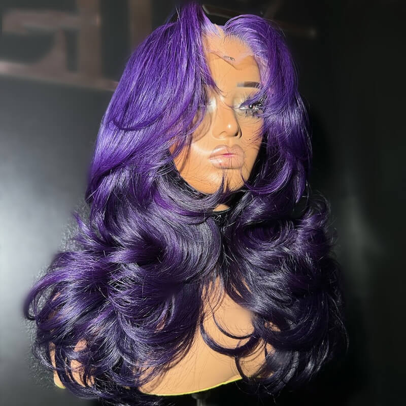 Allove Ombre Two Tones Purple Body Wave HD Lace Front Human Hair Wig with Pre-Plucked Ombre Violet Wig - AlloveHair