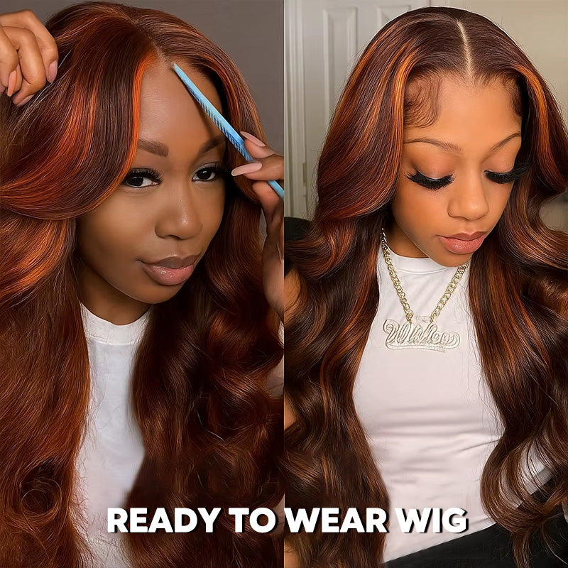 Allove #4/350 Highlight Body Wave Wigs Human Hair 5x5 Closure Lace Glueless Ombre Ginger Orange MIX Brown Color Wig - AlloveHair