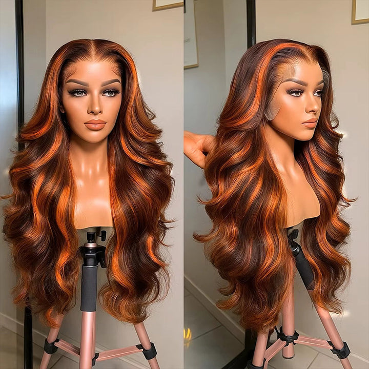 Allove #4/350 Highlight Body Wave Wigs Human Hair 5x5 Closure Lace Glueless Ombre Ginger Orange MIX Brown Color Wig - AlloveHair