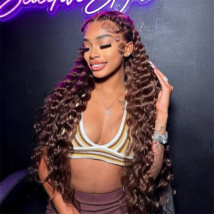 Allove #4 Chocolate Brown 13x6 Loose Deep Wave Transparent Lace Front Wigs Pre-cut & Bleached Knots Natural Hairline - AlloveHair