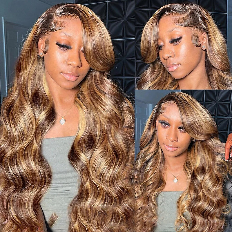 【C Part】4/27 Highlight Body Wave Human Hair Wigs For Women 13x4 HD Transparent Lace Frontal Wig - AlloveHair