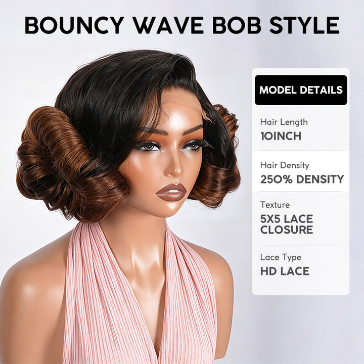 300% Density Raw Vietnamese Double Drawn Human Hair Bob Wig Ombre Brown 5x5 HD Lace Closure Wigs - AlloveHair