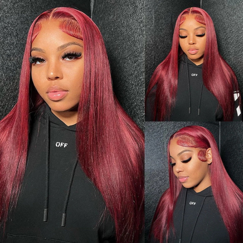 Allove Hair 99J Straight Hair 3 Bundles With Closure Burgundy Dark Wine Red - AlloveHair