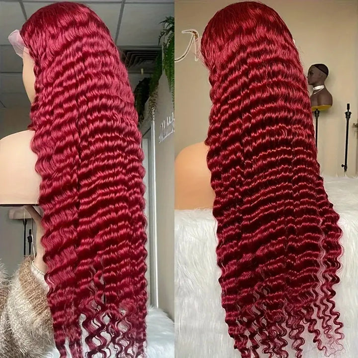 99J 13x6 Deep Wave Burgundy Lace Front Wigs Human Hair Transparent Lace Frontal Wigs 180% Density Pre Plucked Wigs