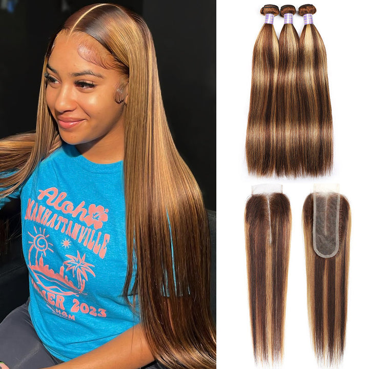 Honey Blonde Brazilian Highlight Straight Hair 3 Bundles With 2x6 Lace Closure - AlloveHair
