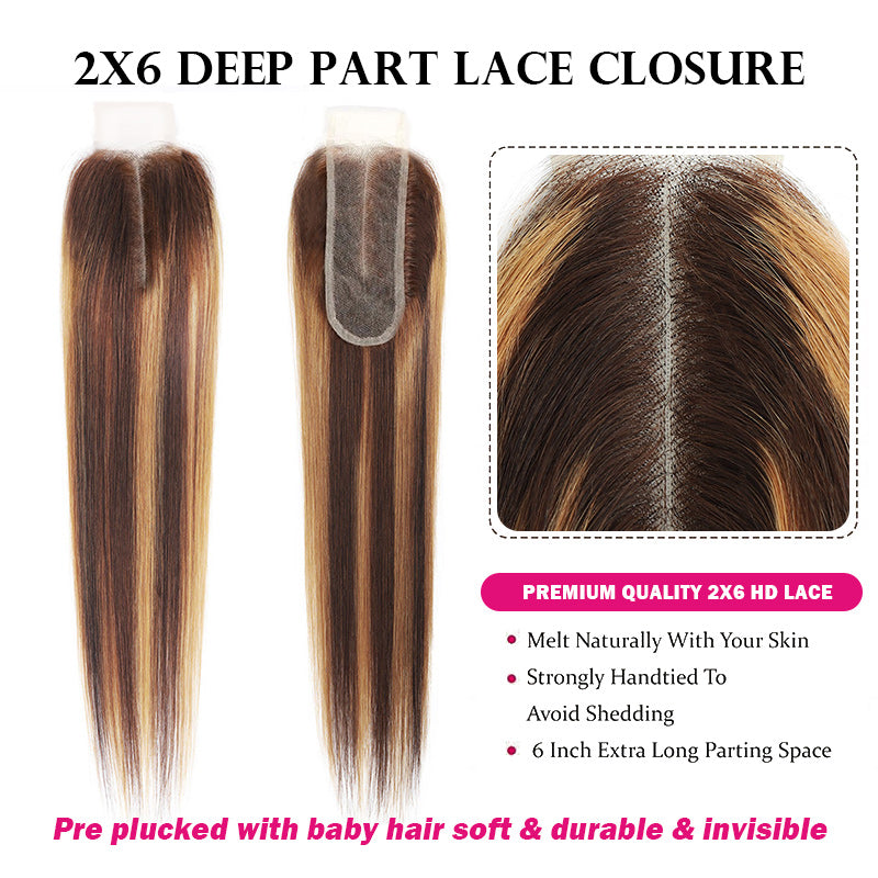 Honey Blonde Brazilian Highlight Straight Hair 3 Bundles With 2x6 Lace Closure - AlloveHair