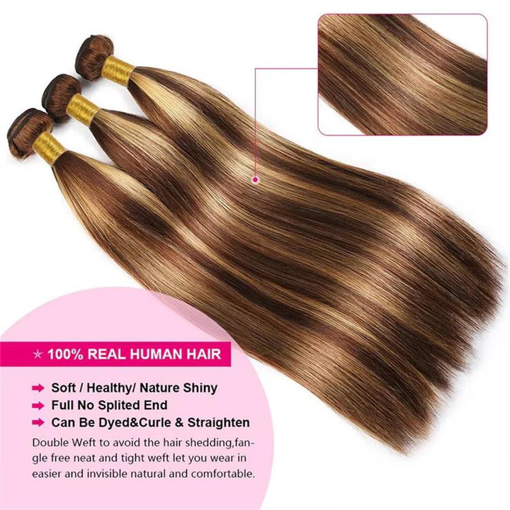Honey Blonde Brazilian Highlight Straight Hair 3 Bundles With 2x6 Lace Closure - AlloveHair