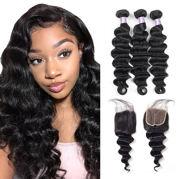 Overnight Shipping Allove Loose Deep /Loose Wave 3 Bundles With 4*4 Lace Closure Human Hair Extensions - AlloveHair