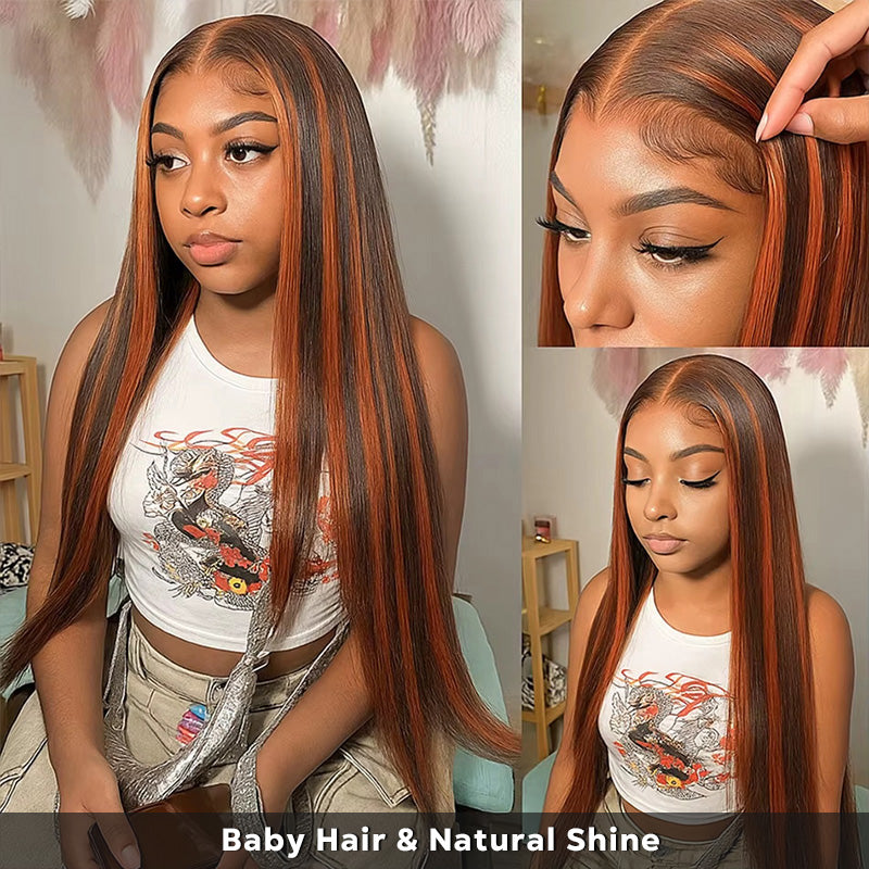 P4/350 Highlight Wigs 13x4 Lace Front Wig Ombre Ginger With Brown Straight Human Hair Wigs - AlloveHair