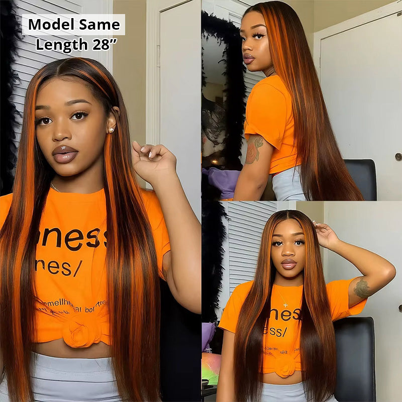 P4/350 Highlight Wigs 13x4 Lace Front Wig Ombre Ginger With Brown Straight Human Hair Wigs - AlloveHair