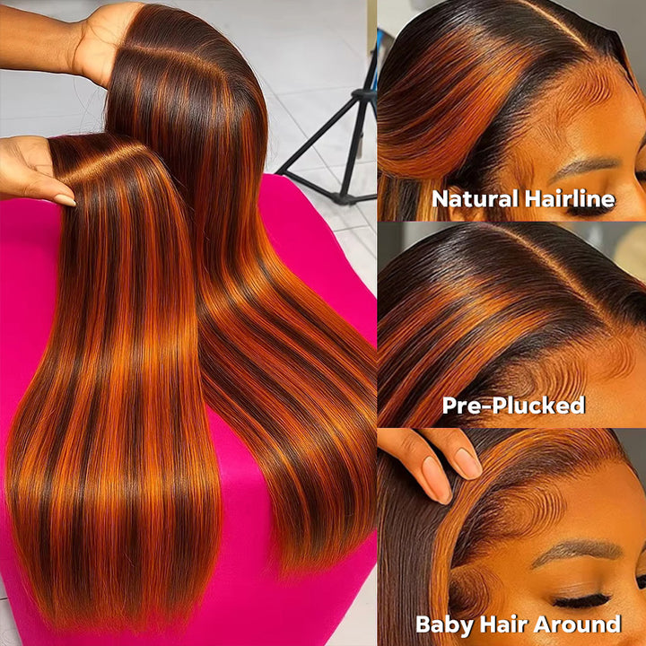 P4/350 Highlight Wigs 13x4 Lace Front Wig Ombre Ginger With Brown Straight Human Hair Wigs - AlloveHair