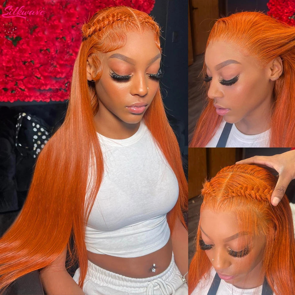 Ginger Color Glueless HD 13x4 Lace Frontal Wigs Brazilian Straight Human Hair Wigs 180% Density