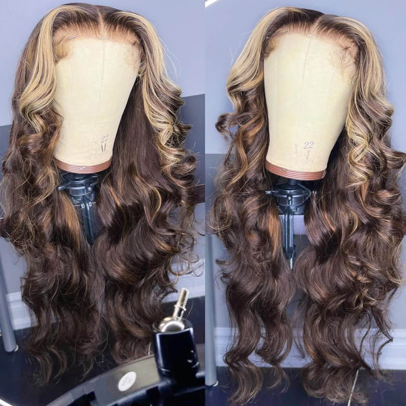 200 Density Glueless Balayage Highlight With Skunk Stripe Body Wave Wig Money Piece Highlight 13x4 13x6 HD Lace Front Wig Human Hair - AlloveHair