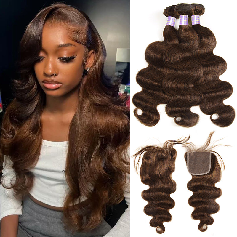 Allove Hair 4# Body Wave Hair 3 Bundles With Lace Closure Human Hair Bundles - AlloveHair