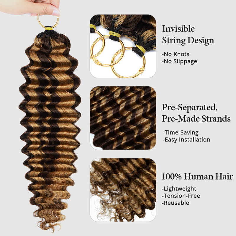 #P4/27 Deep Wave Crochet Hair Extensions Highlight Brown Pre-Separated Feather Crochet Human Hair For Braiding - AlloveHair