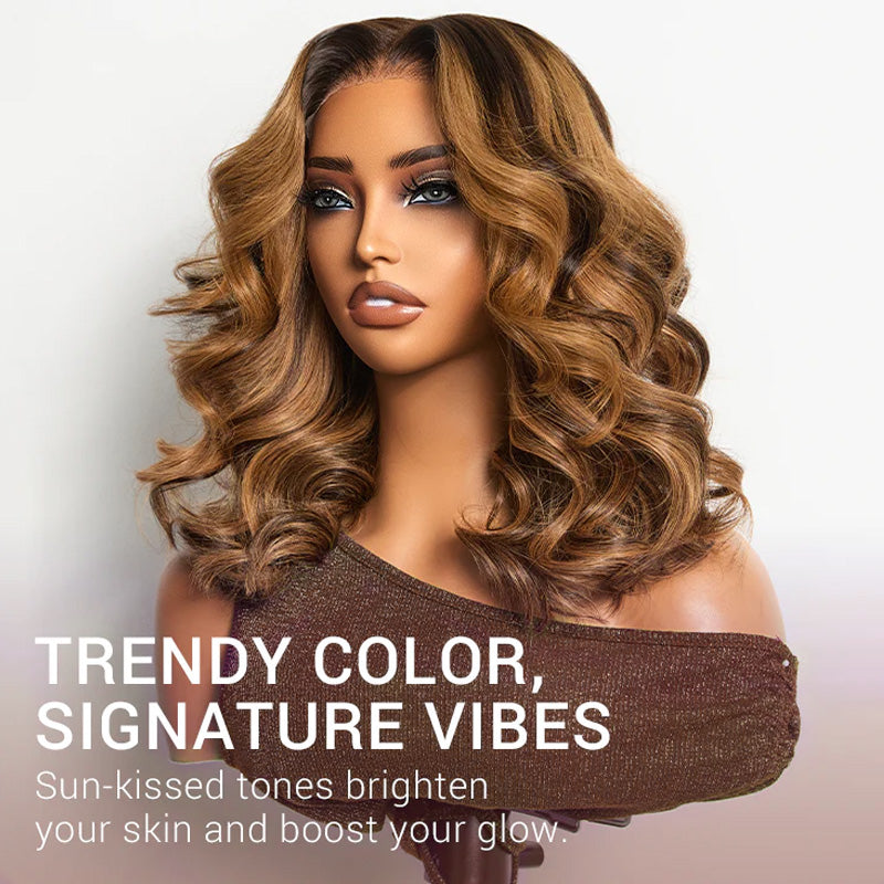 Sun-Kissed Warm Tone Brown with Blonde Highlights 180% Density Loose Wave Glueless Wig Ready to Wear - AlloveHair