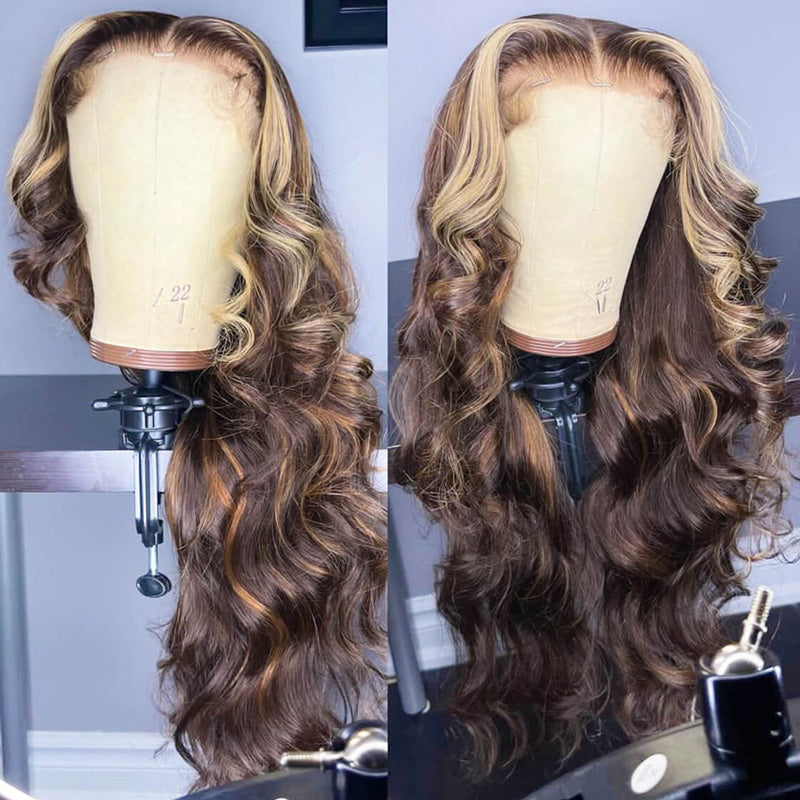 200 Density Glueless Balayage Highlight With Skunk Stripe Body Wave Wig Money Piece Highlight 13x4 13x6 HD Lace Front Wig Human Hair - AlloveHair