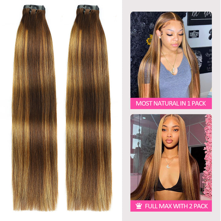 [Final Price - No Code Needed] P4/27 Highlight Brown Seamless PU Clip in Hair Extensions Silky Straight Human Hair Pieces 9Pcs / 7Pcs - AlloveHair