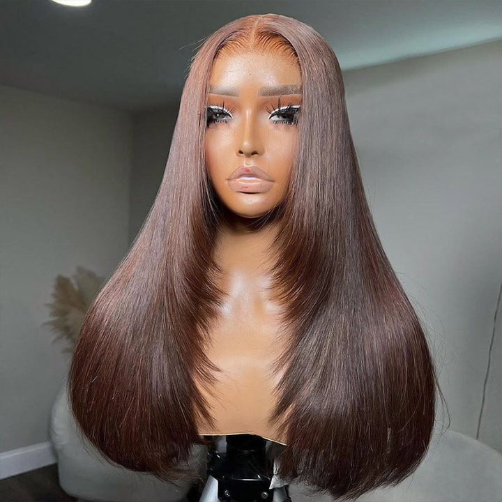 #4 Chocolate Brown Layered Cut Straight Wigs 13x4/5x5 HD Lace Front Human Hair Wigs - AlloveHair