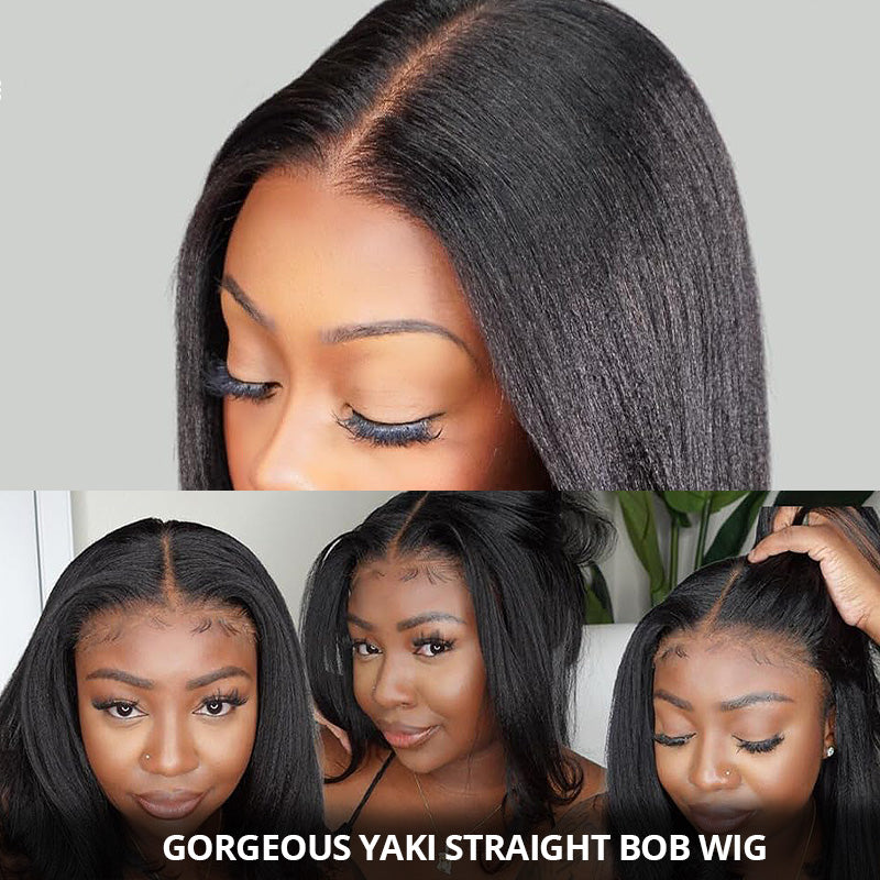 200% Density Yaki Straight Bob Wig 2x6/5x5 Pre-Bleached Natural Looking Glueless Wig Short Hairstyle - AlloveHair